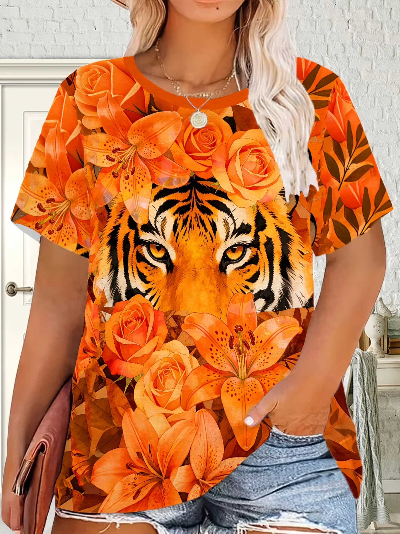 Women Crew Neck Short Sleeve T‑shirt Tiger Face Orange Rose Lily Floral Print Summer Casual Graphic Tops