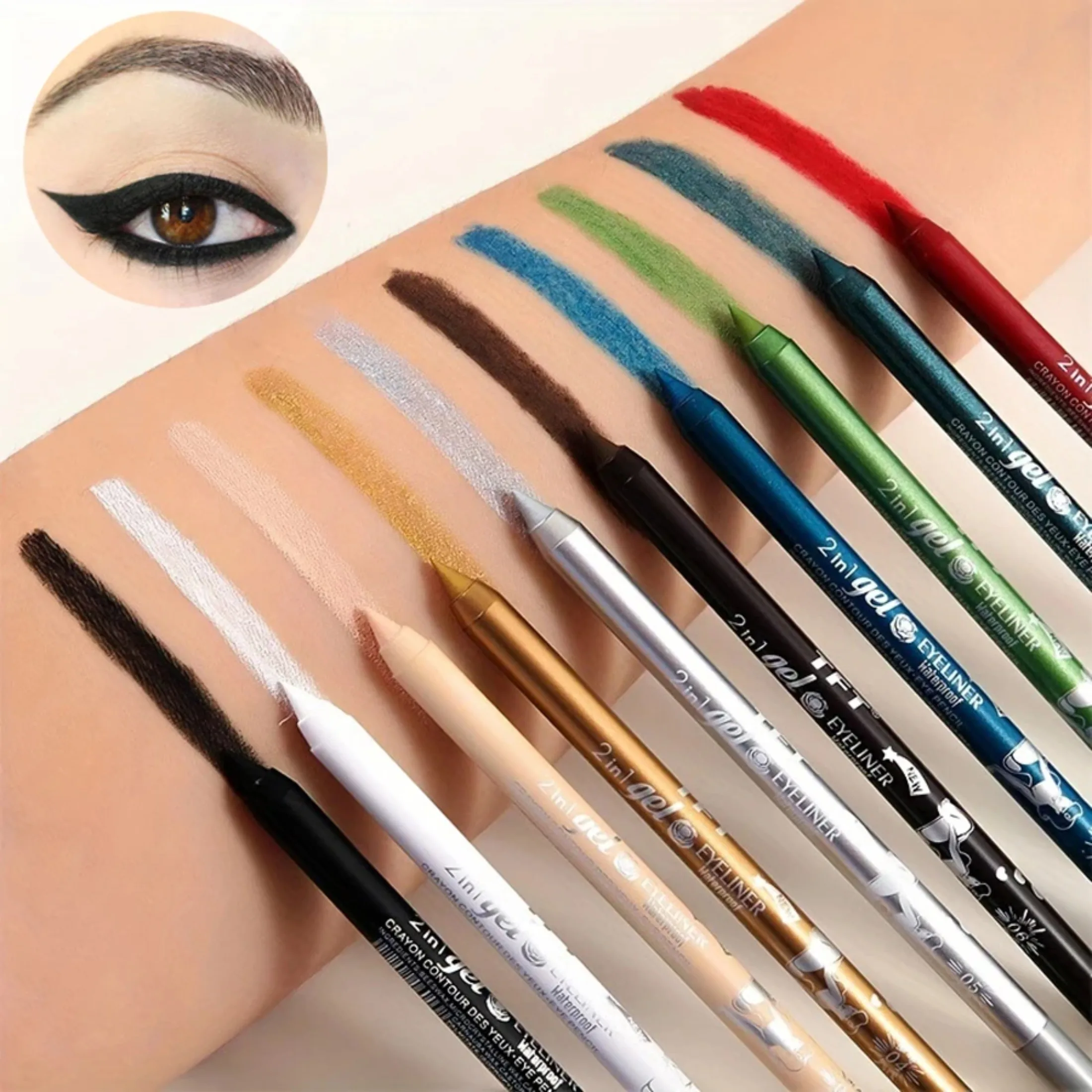 10 Colors Waterproof Eyeliner Pen Long-Lasting Concealer and Lip Liner Gel Pen, Sweatproof and Smudge Proof