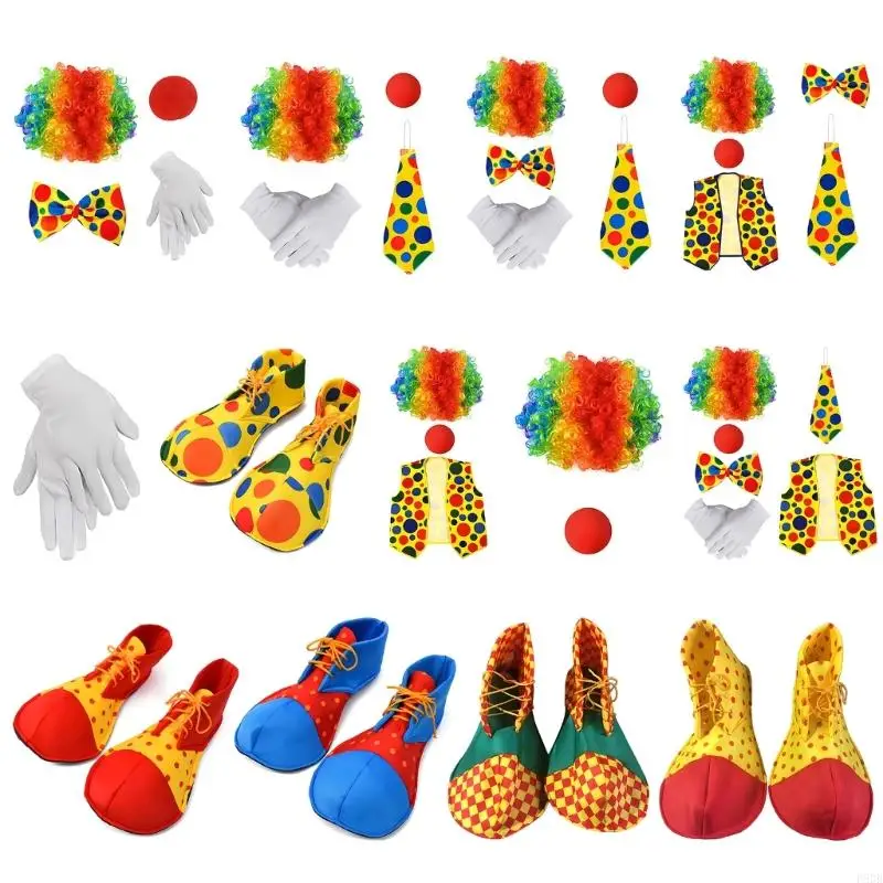 

P8DB Adult Clown Cosplay Costume Set for Halloween Carnivals Party Include Rainbow Bowtie Gloves and Colorful Accessories