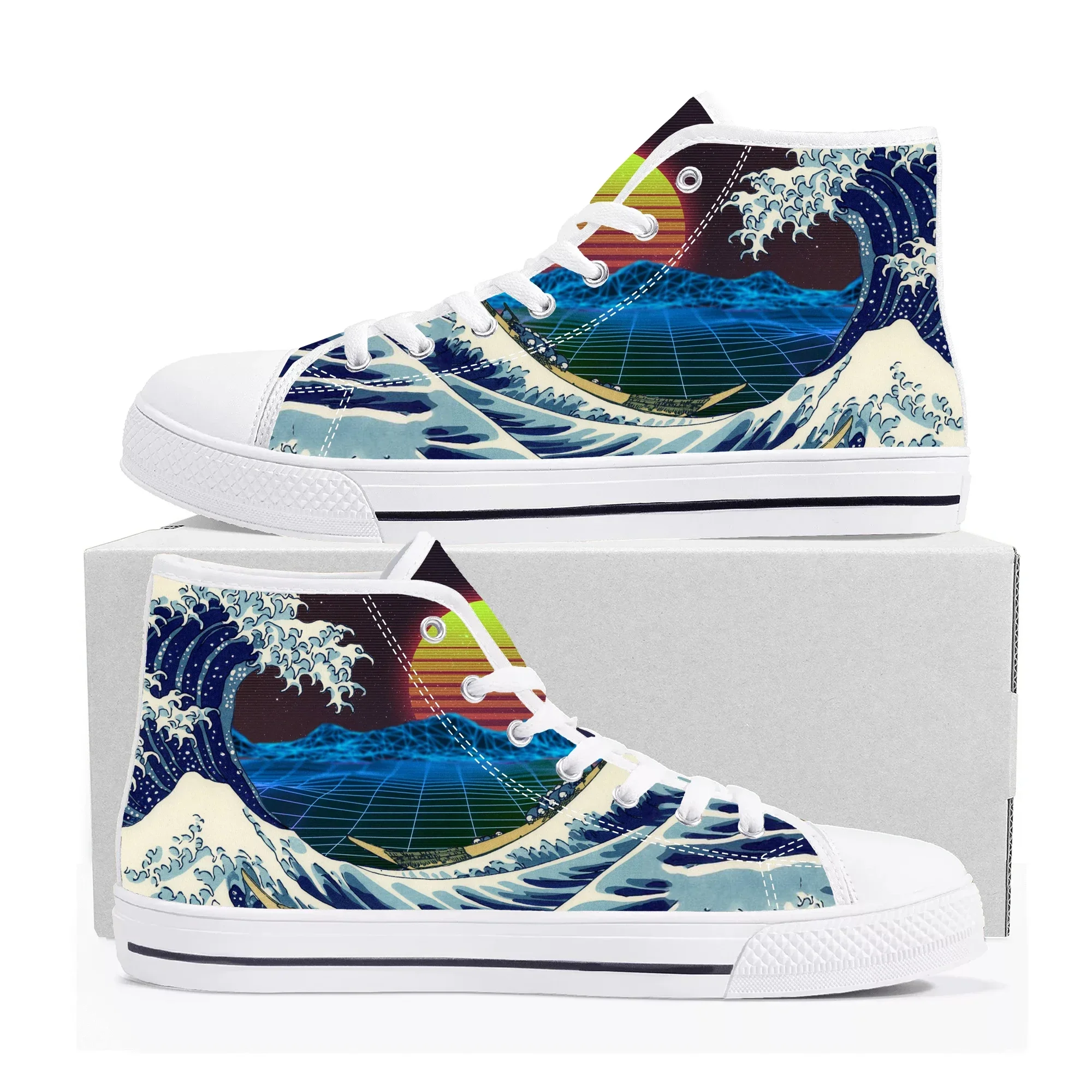 

Горячие высокие кроссовки The Great Wave off Kanagawa, мужские и женские парусиновые кроссовки высокого качества для подростков, повседневная обувь для пар, обувь на заказ
