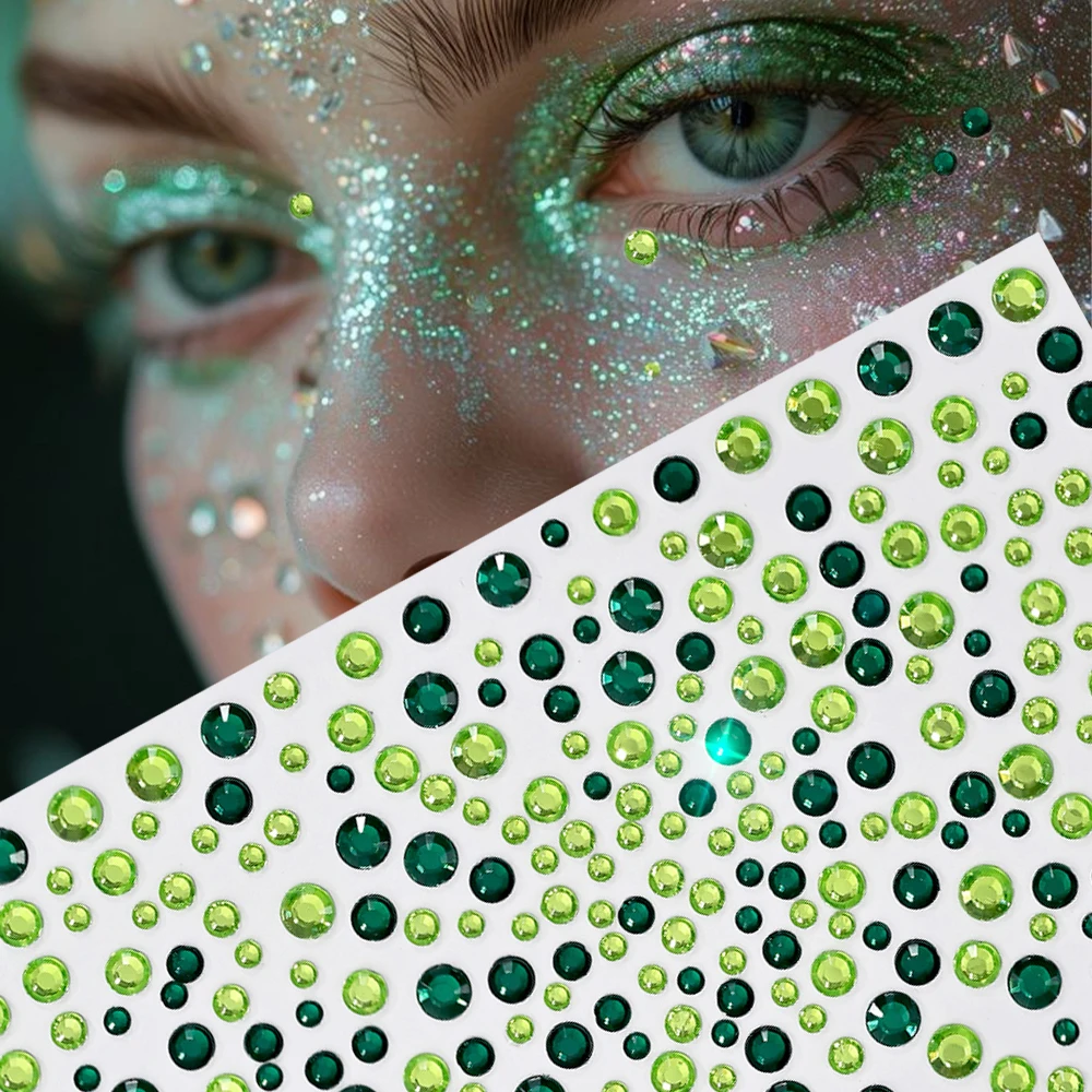 

3D Stereo Emerald Green Face Diamond Tattoo Stickers y2k Mix Round Rhinestones Party Temporary Tattoos DIY Body Gem Makeup Decal