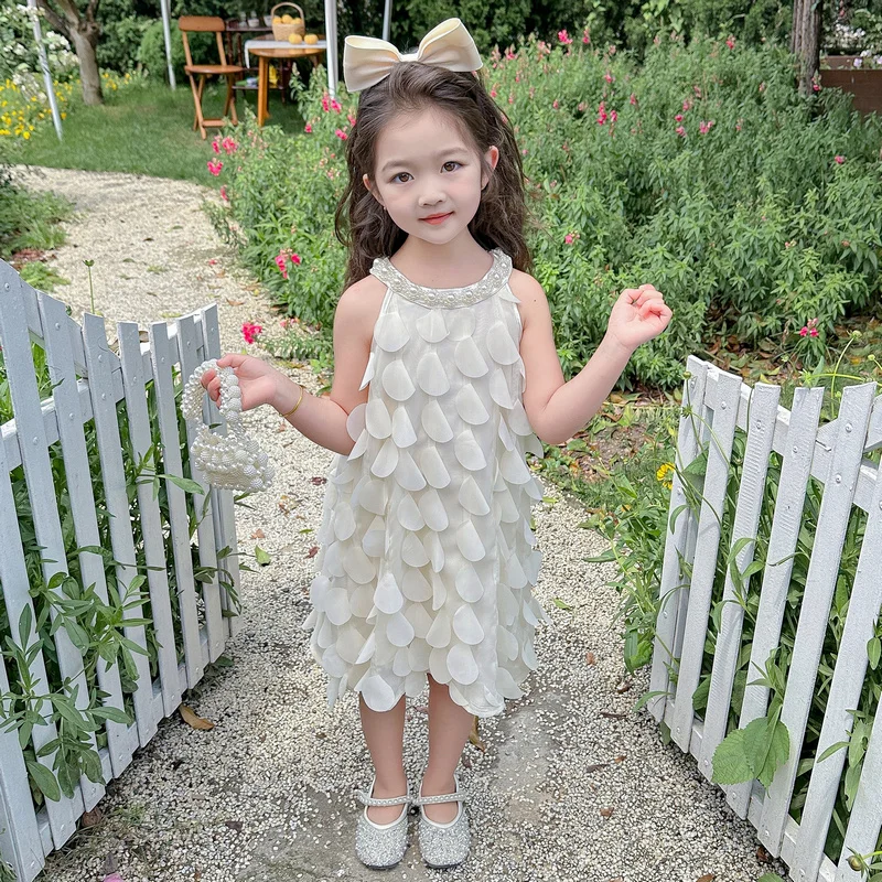 Summer Girl's Pearl Petal Hanging Neck Skirt Children's Castle Party Angel Princess Skirt Elf Feather Baby Performance Skirt