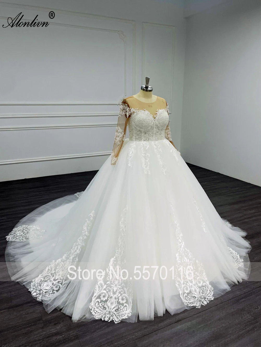 Alonlivn Elegant Full Sleeve Beadings Pearls Appliques Lace A Line Wedding Dress With Court Train