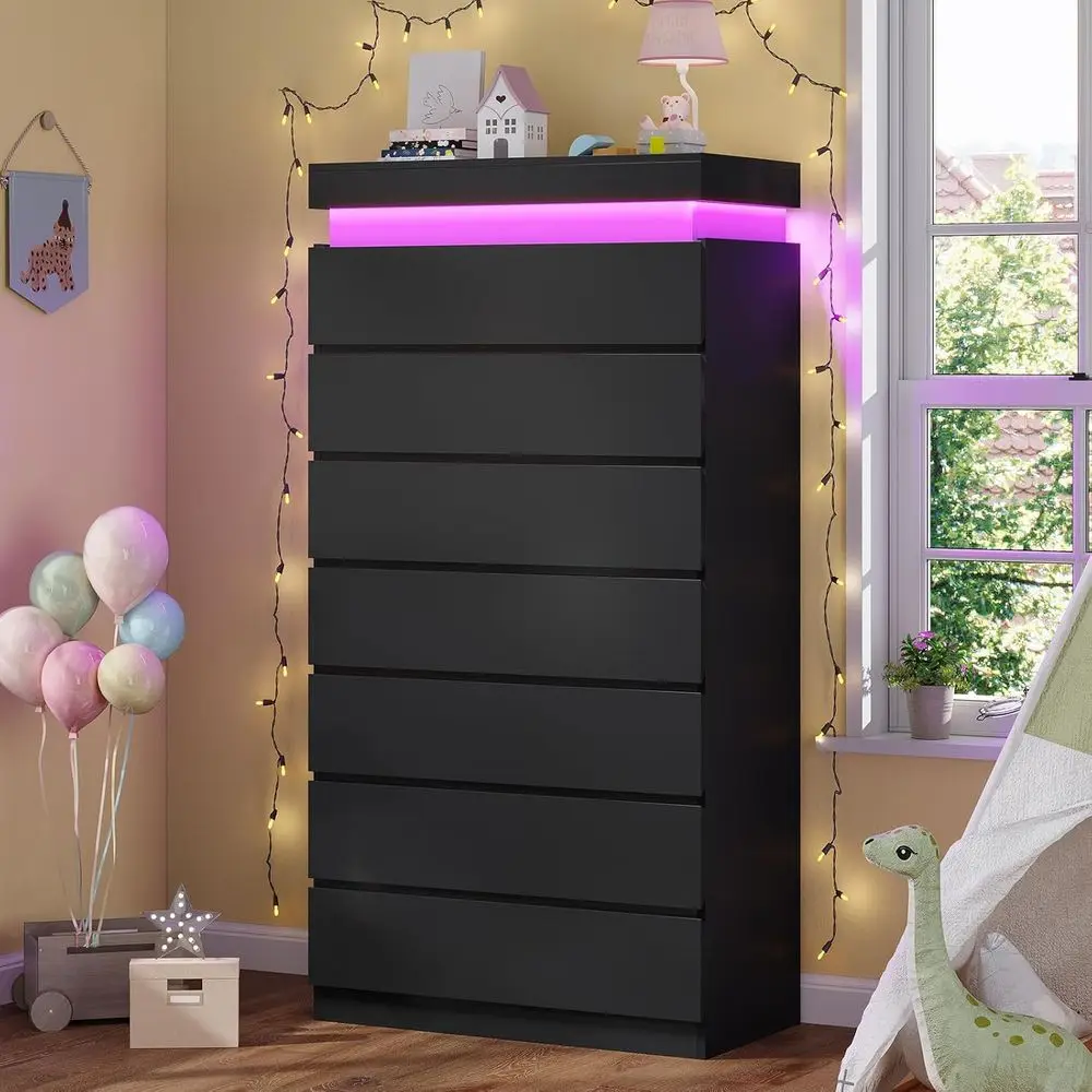 

7 Drawer Dresser with LED Light, Black Modern Chest for Bedroom, Living Room, Entryway, Hallway
