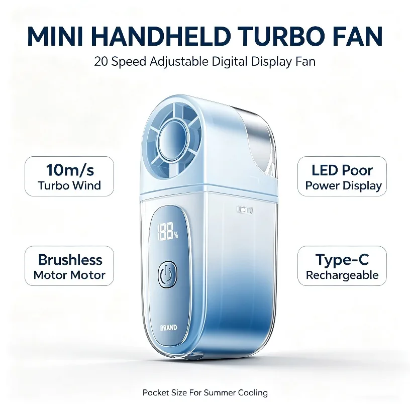 Handheld Fan Turbo 20 Speed Digital Display Rechargeable Mini High Power Brushless Motor Type-C for Outdoor Travel Summer