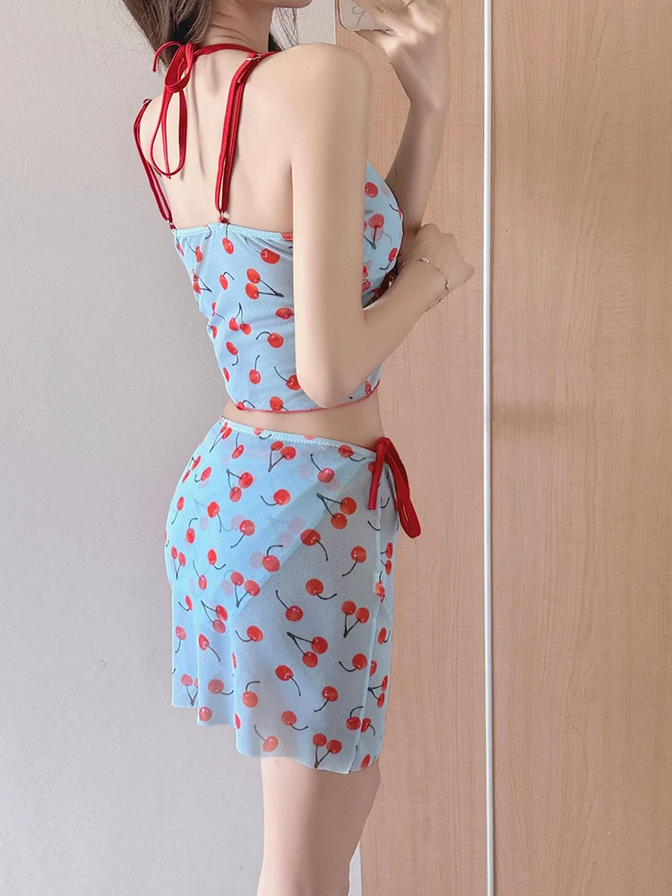 OIINAA ชุดว่ายน้ําผู้หญิงพิมพ์รูปแบบหัวใจแยกชุดว่ายน้ําตาข่าย Lace Up COVER-UPS กระโปรงฤดูร้อนเกาหลี Spice Girls ชุดบิกินี่