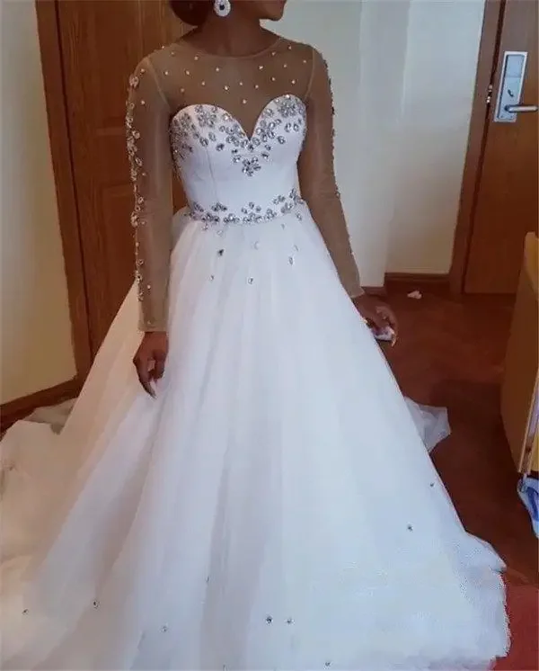 Customized African Mermaid Wedding Dresses Long Sleeves Crystal Beads Bridal Gowns Sweep Train Garden Vestidos De Novia