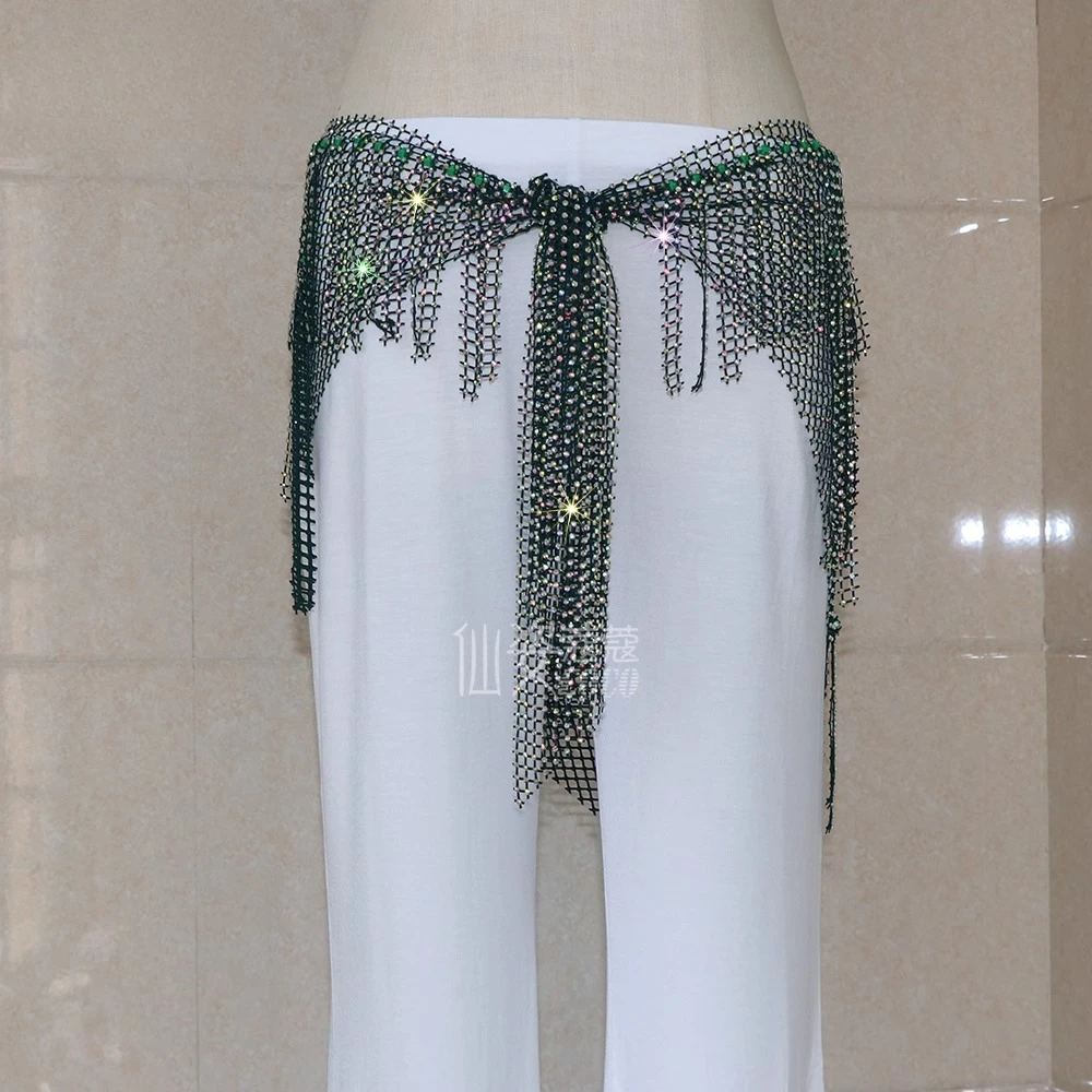 Customized Belly Dance Belt Mesh Diamond Starry Tassel Hip Scarf Bright Diamond Waist Chain Triangle Performance Waist Scarf