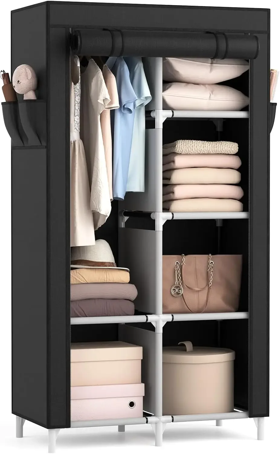 

ROJASOP Portable Closet Wardrobe Closet for Hanging Clothes with 6 Storage Shelves, 1 Hanging Rod and 4 Pockets, Free Standing