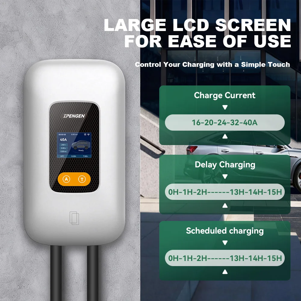 IPENGEN 9.6kw EV Charger Wallbox TS-NACS 40A Electric Vehicle Station with Swipe Card Wireless APP Control Adjustable Current