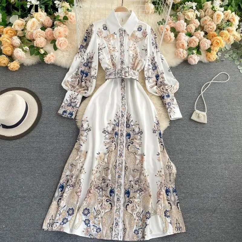 Dress Long Women Retro Printing Temperament Shirt Collar ANSZKTNable Bubble Sleeves Slim Long Dress