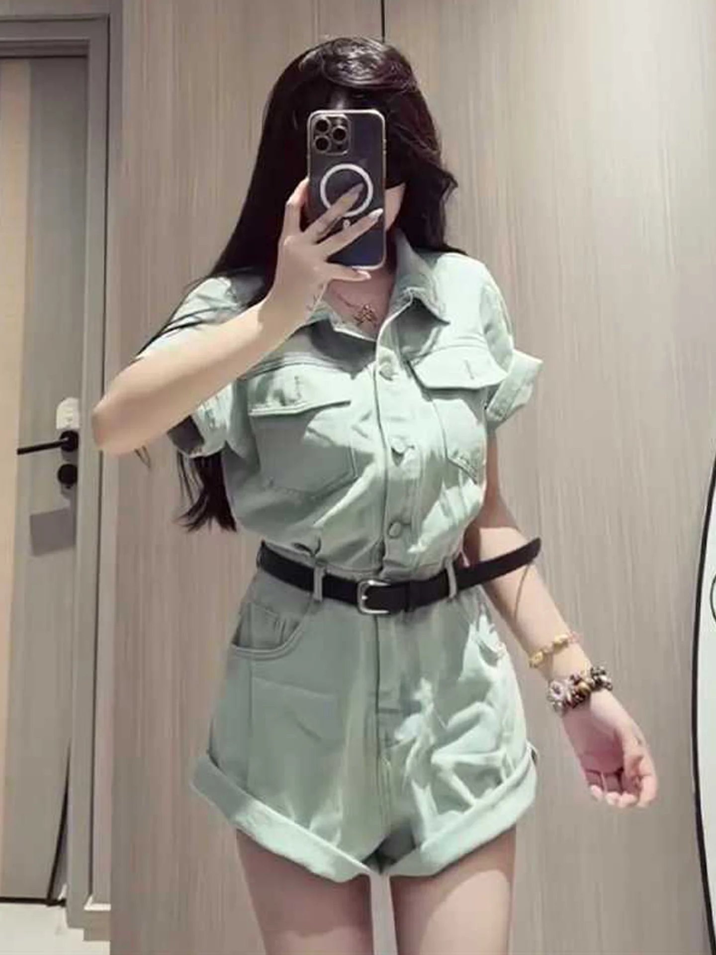 

American Style Vintage Light Blue Short Sleeve Denim Overalls Women's Summer New Waist Slimming Wide Leg Short Pants