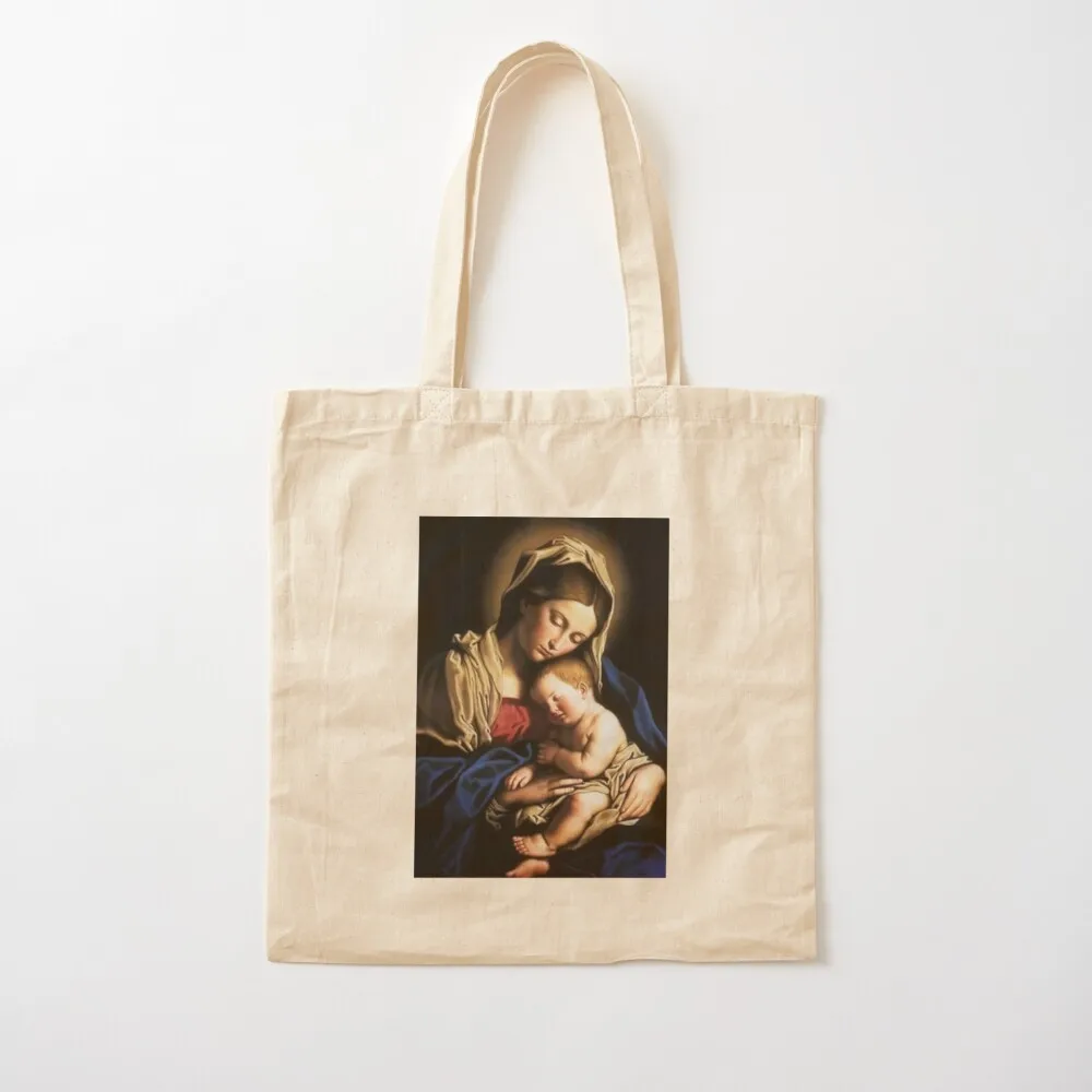 Mother Mary Holding Baby Jesus As He Sleeps Tote Bag shopping bags foldable Canvas canvas shopping bag Canvas Tote Bag