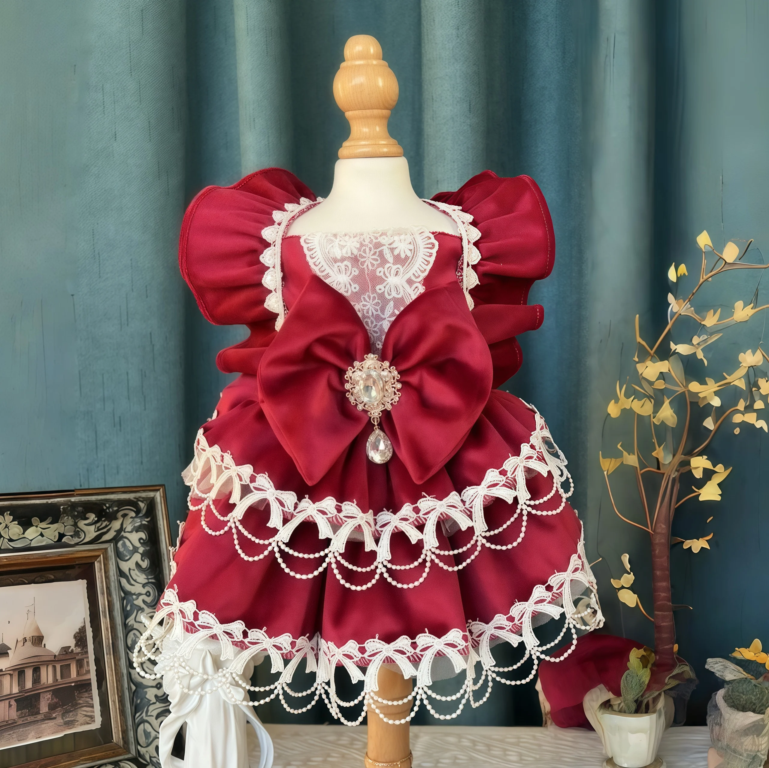 

Handmade Golden Velvet Cotton Lace Bow Party Dress Retro Fine Fashion Autumn Winter Pet Dog Clothes for Small Medium Dogs