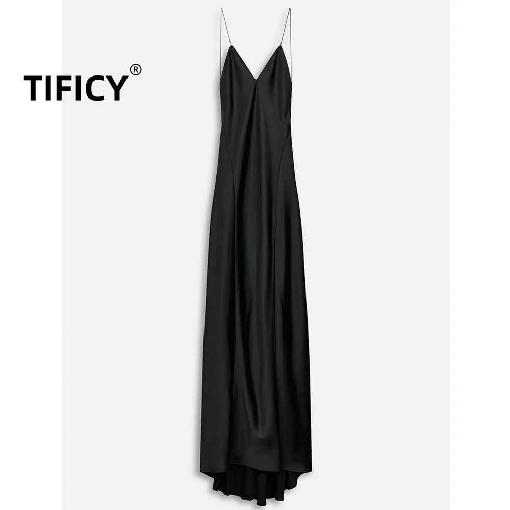 

Summer New Black Long Dresses Women's Clothing Temperament Slit Suspender Sleeveless Satin Texture Streetwear Long Dress