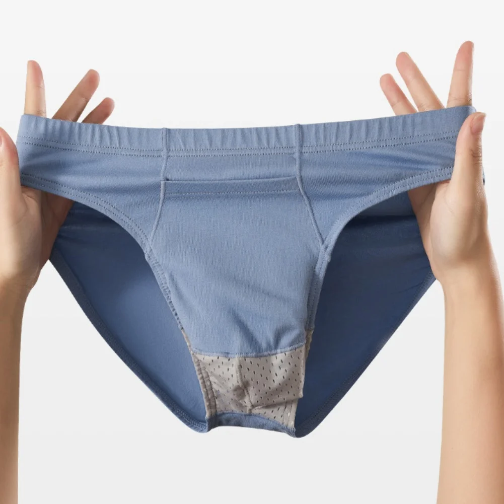 Daily Casual Man's Underwear Middle Waist Separate U Pouch Briefs Breathable Mesh Solid Color Underpants For Male