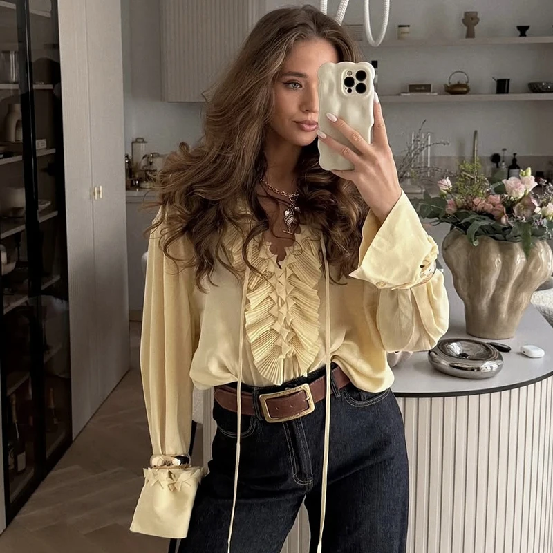 Trendix Solid Ruffle Chiffon Top Vrouwen 2025, Zomer Casual Losse V-hals Lange Mouw Blouse Mode Lace Up Vintage Shirts Femme