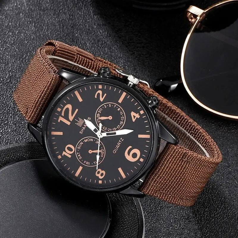 4Pcs Set Fashion Mens Sports Bracelet Watches For Men Retro Big Dial Quartz Wrist Watch Classic Male Casual Brown Nylon Watch