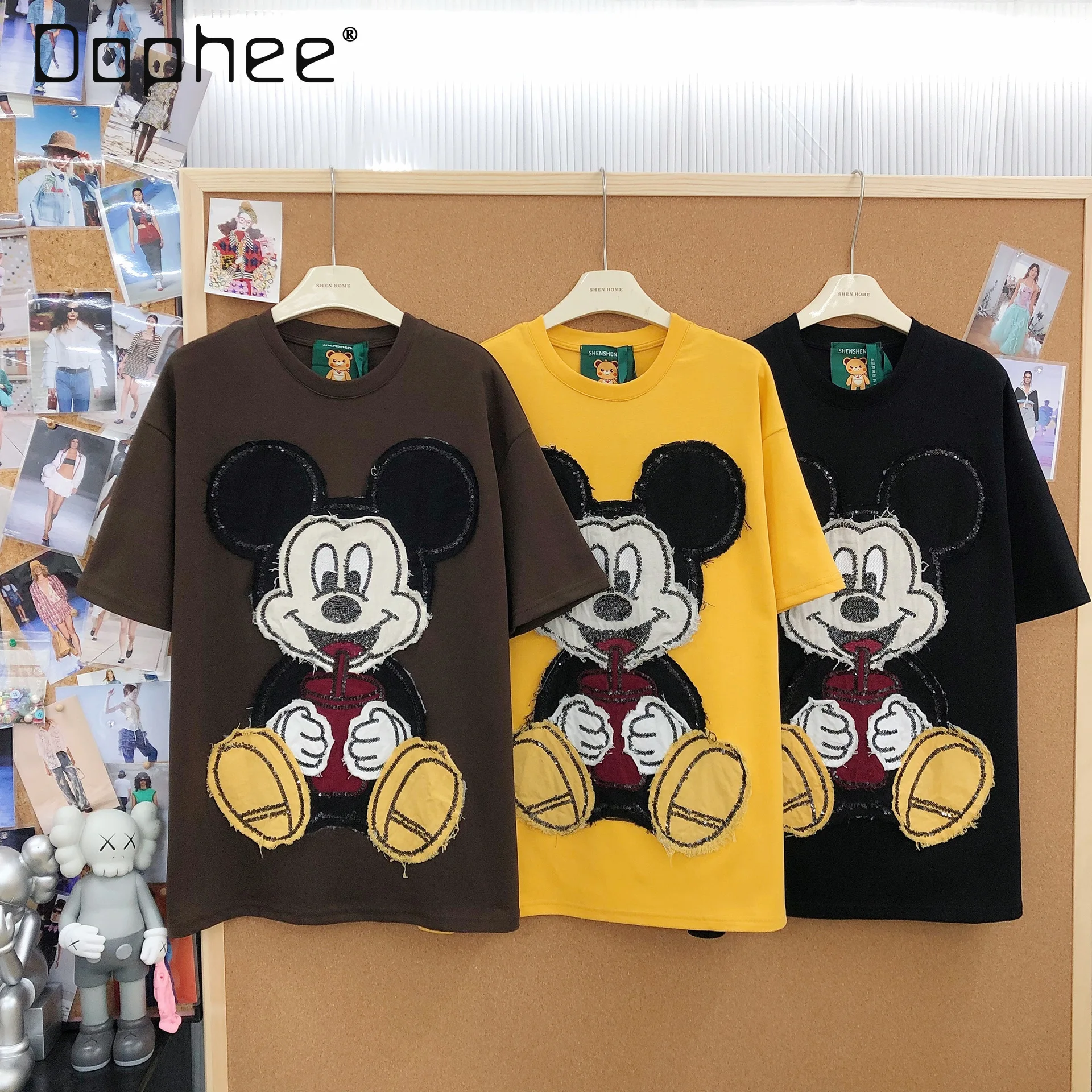 

Модная футболка с вышивкой пайетками и мультяшным принтом, свободного кроя, с круглым вырезом и коротким рукавом, женская одежда, топ в стиле Y2K