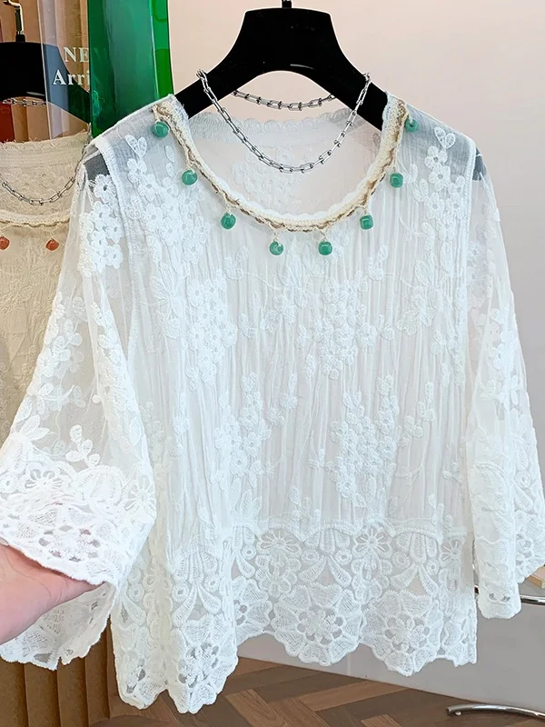 Lace Embroidery Long Sleeve Sun Protection Shirt Women Spring Summer plus Size Slimming Design Heavy Embellishment Top
