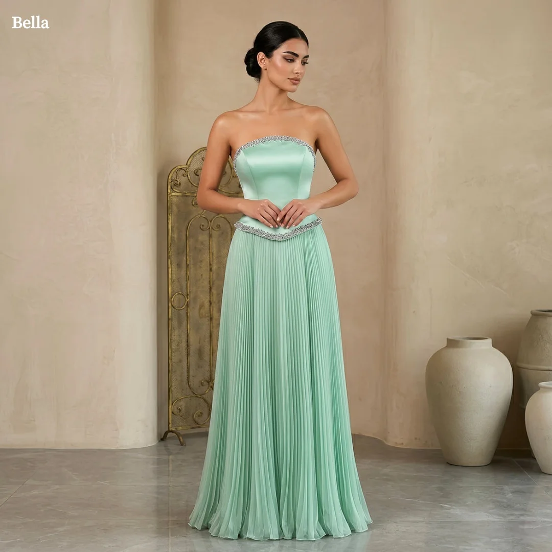 

Bella Customized Mint Green Strapless Prom Dress Beaded Trim Pleated Satin vestidos de noche Formal Evening Elegant Bridesmaid