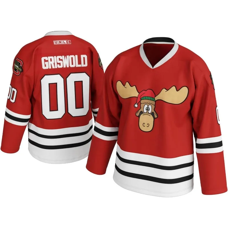 Griswold Style Hockey Jersey No.00 Christmas Moose 3D Print Striped Long Sleeve Breathable Retro Athletic Sports Top for Youth