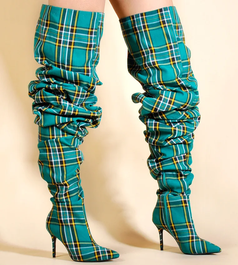 

Colorblock plaid sexy pointed toe over the knee Boots Women stiletto catwalk stage boots fashion high boots