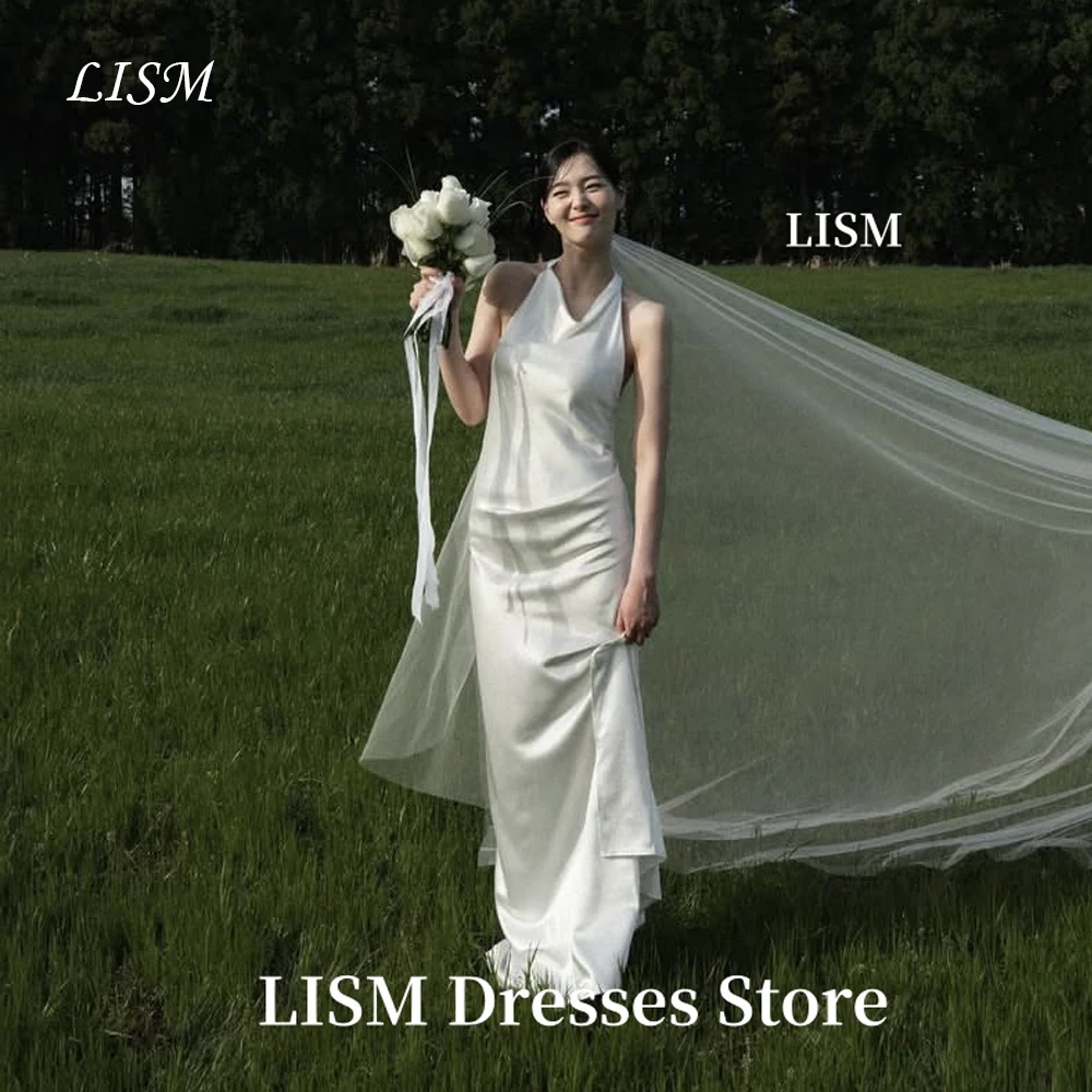 LISM élégant licou sirène corée robes de mariée Photo Shoot Satin longues robes de mariée simples personnaliser nne privilège Corsets dos