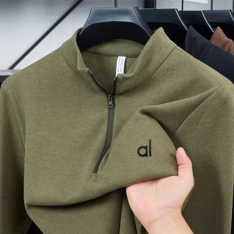 

Высококачественная модная футболка бренда AL с принтом, мужская футболка с длинными рукавами, новая двусторонняя бархатная полумолния, теплый уличный топ Y2k