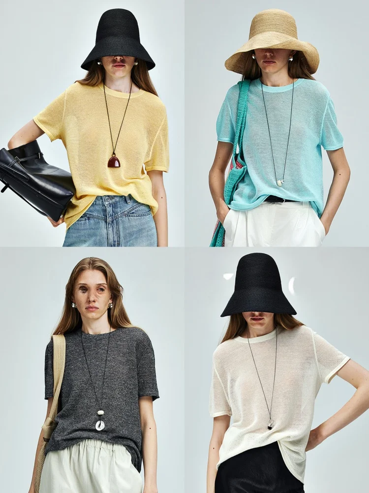 

UZZO mat Knitted Wool Linen Blend T-irt ort Sve Women's Hollow out Design Summer Sweat ng Loose Fit round ...