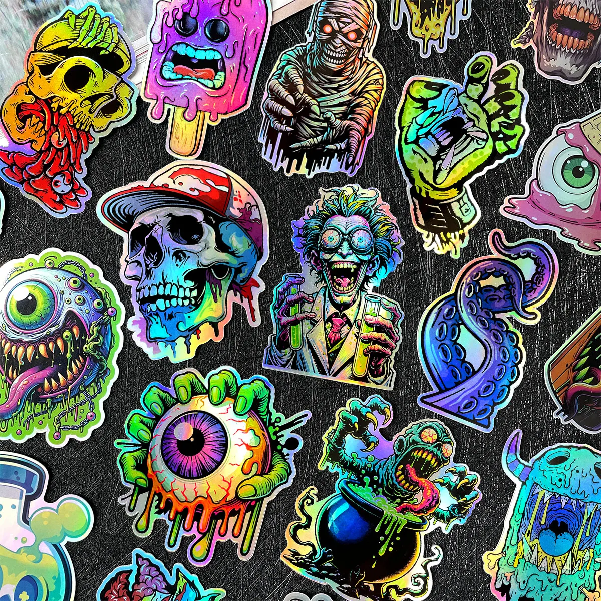 43PCS Horror Monster Halloween Laser Motorcycle Stickers Moto Body Helmet Fuel Tank Windshield Vinyl Car Decals Accessories