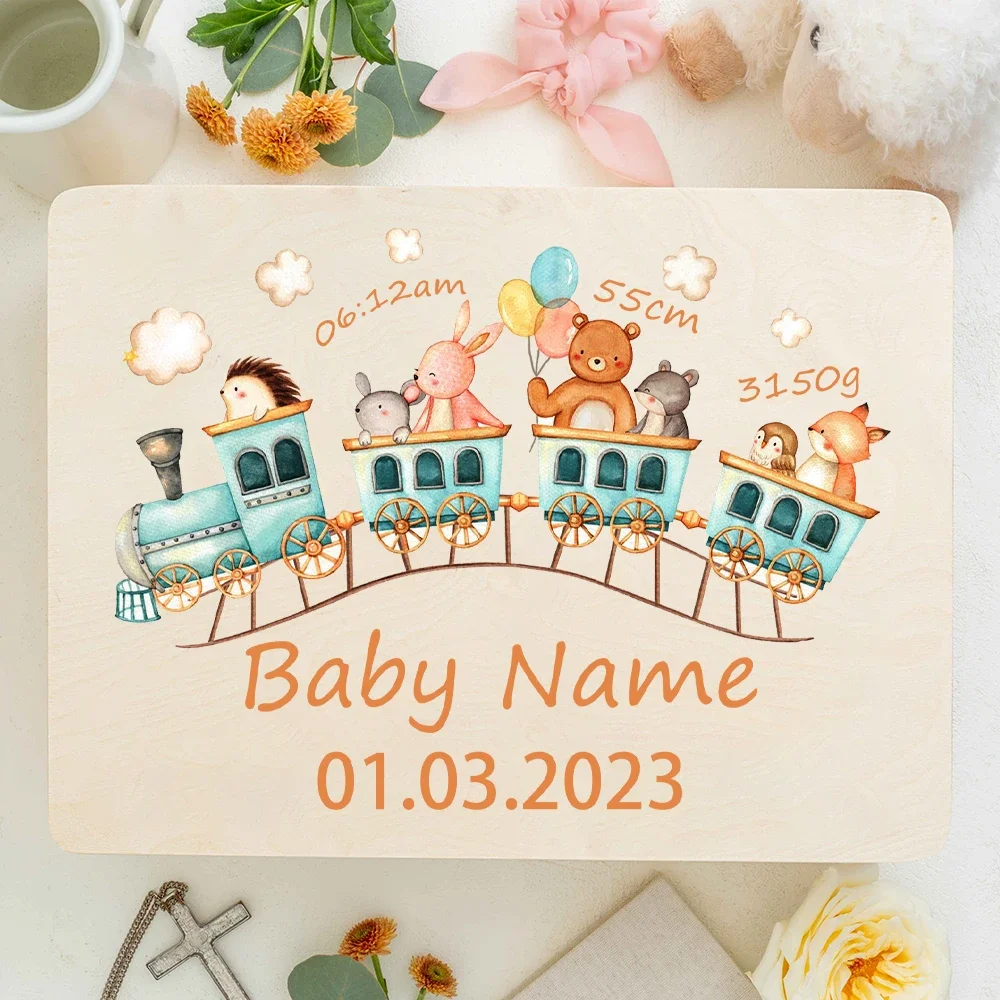 Personalized Baby Forest Animals Train Print Toddler Memory Box Kids Wooden Boxes Custom Infant Keepsake Box Baby Shower Gift