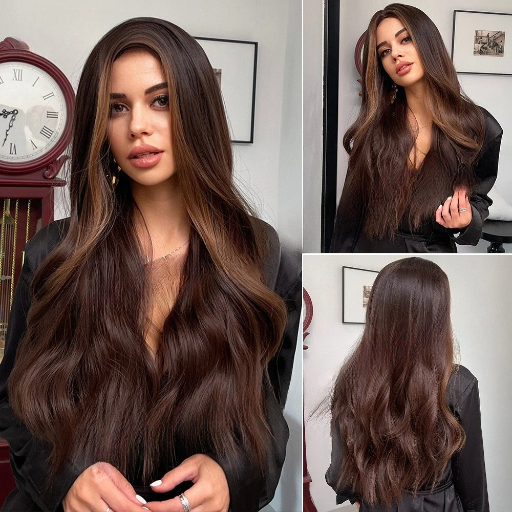 

European and American black brown highlights long curly hair bangs wig women's Hair mechanism chemical fiber high temperature si