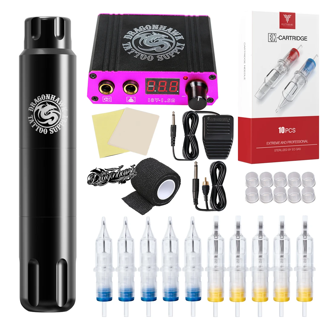 Dragonhawk S12 Rotary Tattoo Machine Pen 3.0mm Stroke Lightweight Design Supplies with Power Supply Tattoo Cartridge Needles Set