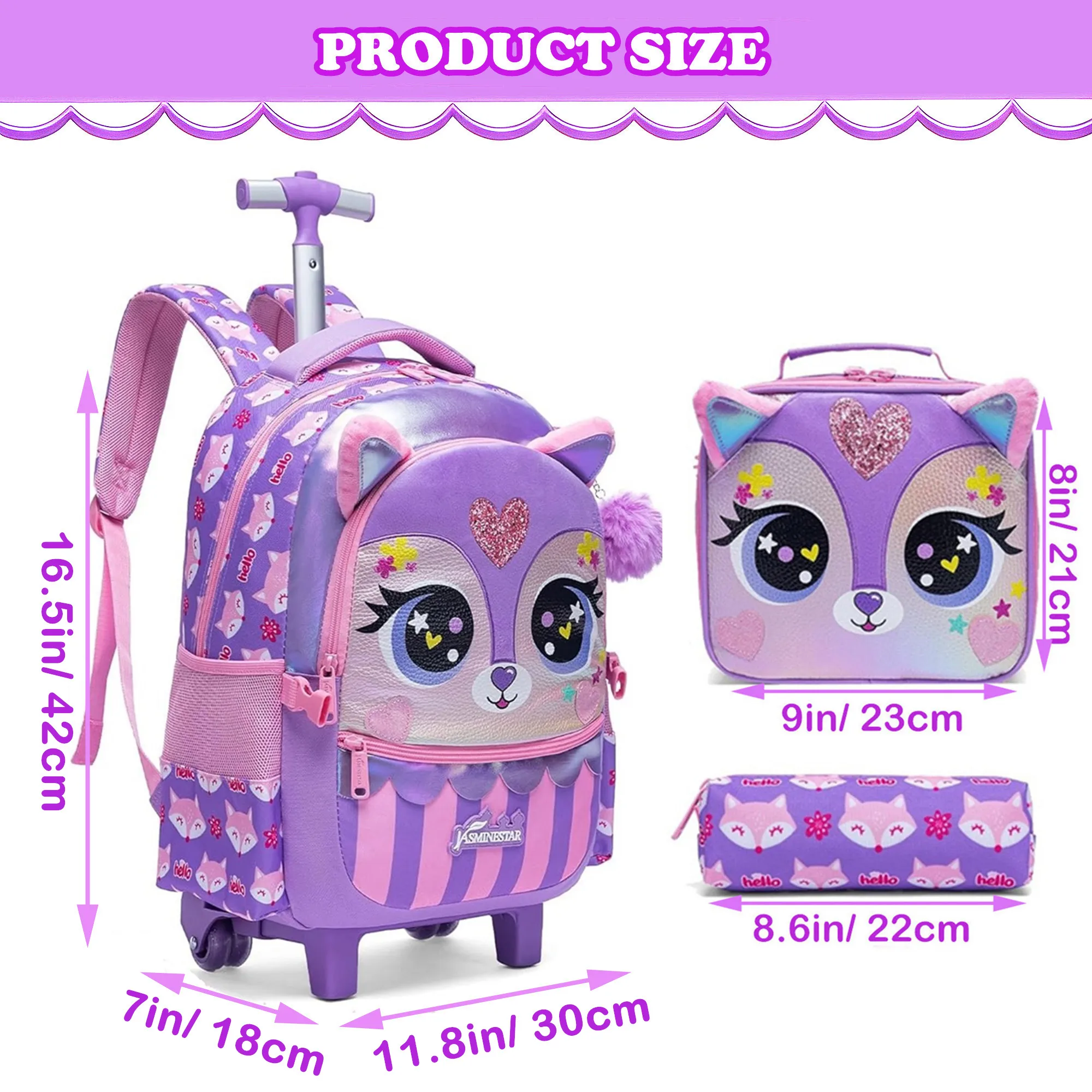 Kids Rolling Backpack with Wheels Cute School Bookbag for Elementary Students Travel Luggage for Girls Ages 6-12 Lightweight Carry on Trolley Bag with Lunch Bag and Pencil Case view 2