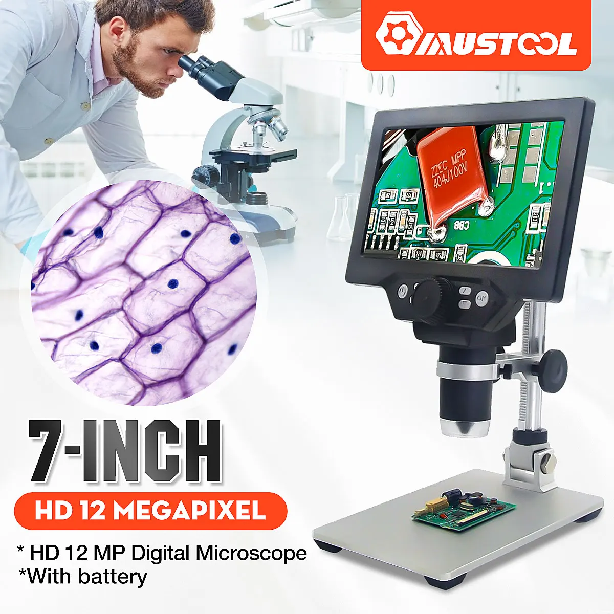 G1200 Digital Microscope 12MP 7inch Large Color Screen Large Base LCD Display 1-1200X Continuous Amplify Microscope by MUSTOOL