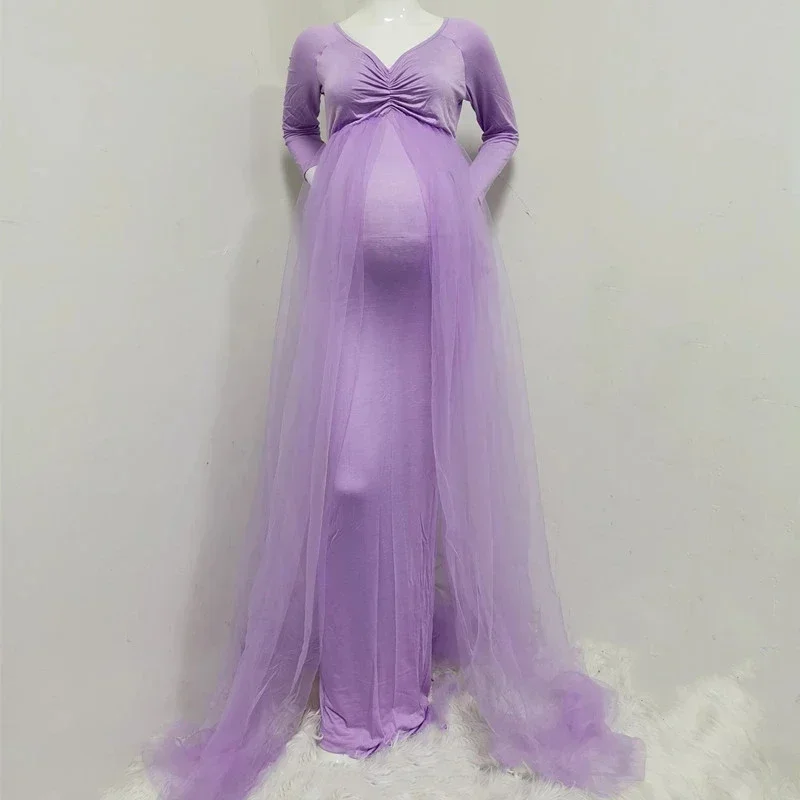 Pink Maternity Dresses Photography Props Shoulderless Pregnancy Stretchy Long Dress Baby Shower Photo Shoot Cotton Dress