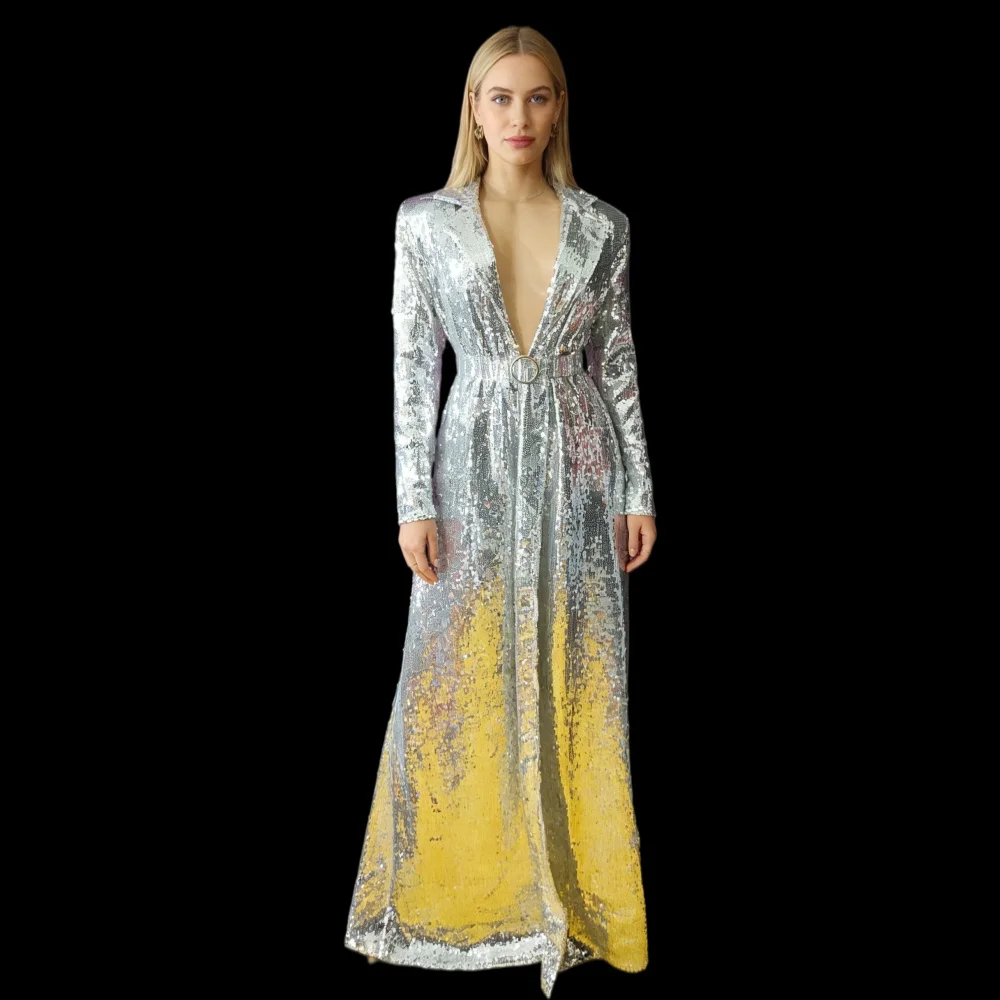 

Silver Sequins Extra Long Dress Coat Women Singer Leading Dance Bar Concert Nightclub Costume Birthday Party Stage Performance