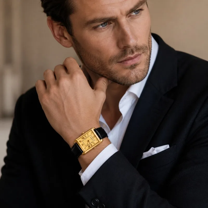 

Simple Men Rectangle Quartz Watch Top Brand PU Leather Strap Buckle Business Fashion Clock Wristwatch for Men Orologio uomo