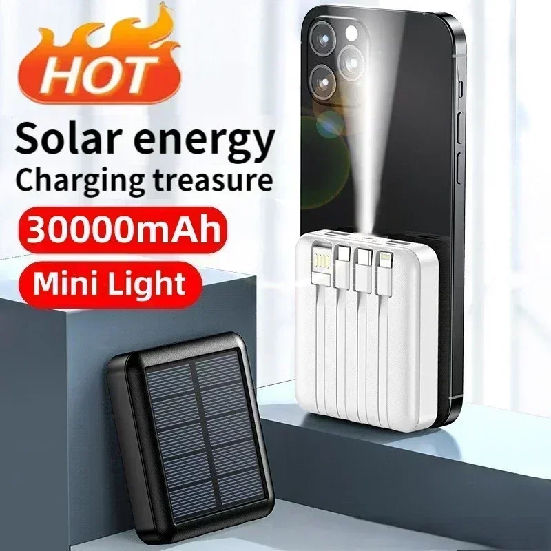 20000mAh Solar Power Bank for iPhone 12 Huawei Xiaomi Mini Powerbank with Cable Portable Charger External Battery Pack Poverbank