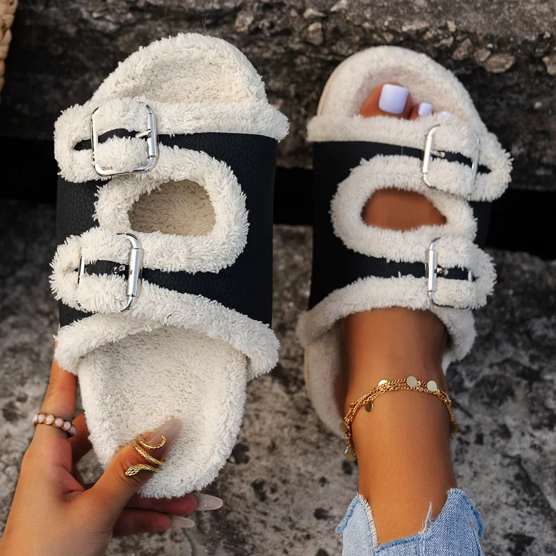 Women Slippers Leather Plush Platform Non-Slip Slides Casual Fashion Pin Buckle Roman Flip-fliop Winter New Leisure Ladies Shoes