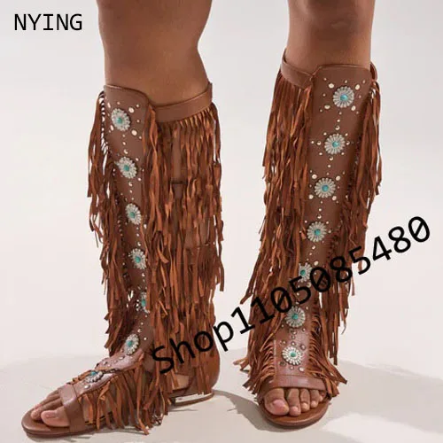 

2026 Rome Women Glaldiator Sandals Knee High Boots Summer Tassel Cross tied Shoes Lady Low Heels Faux Suede Large Size 44