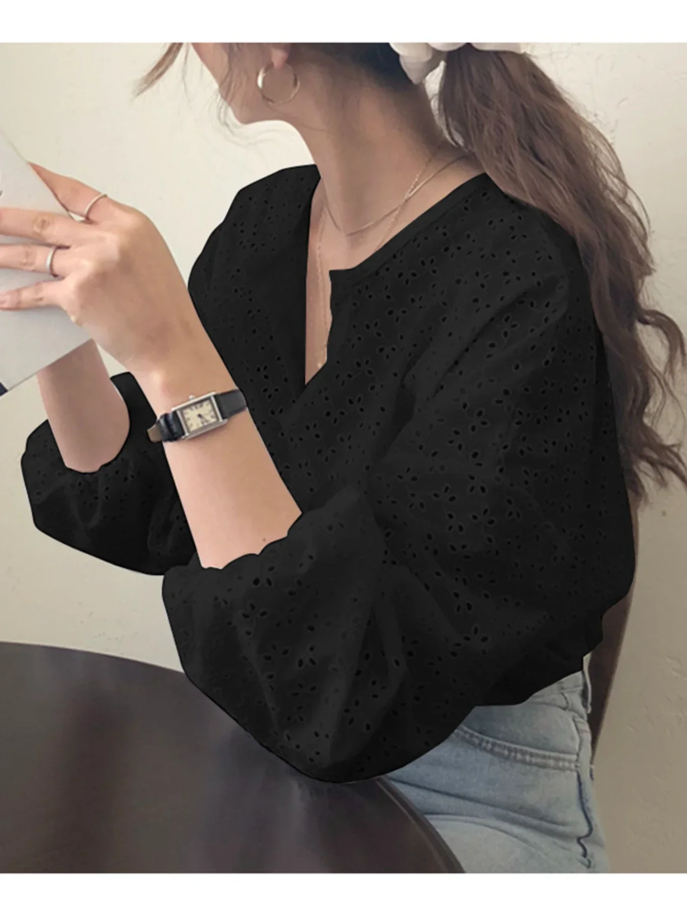 ZANZEA 2025 Herfst Mode Vrouwen Hollow Out Shirts Office Lady Tops Casual Solid Bladerdeeg Mouw Losse Katoenen Oversized Blusa Femme