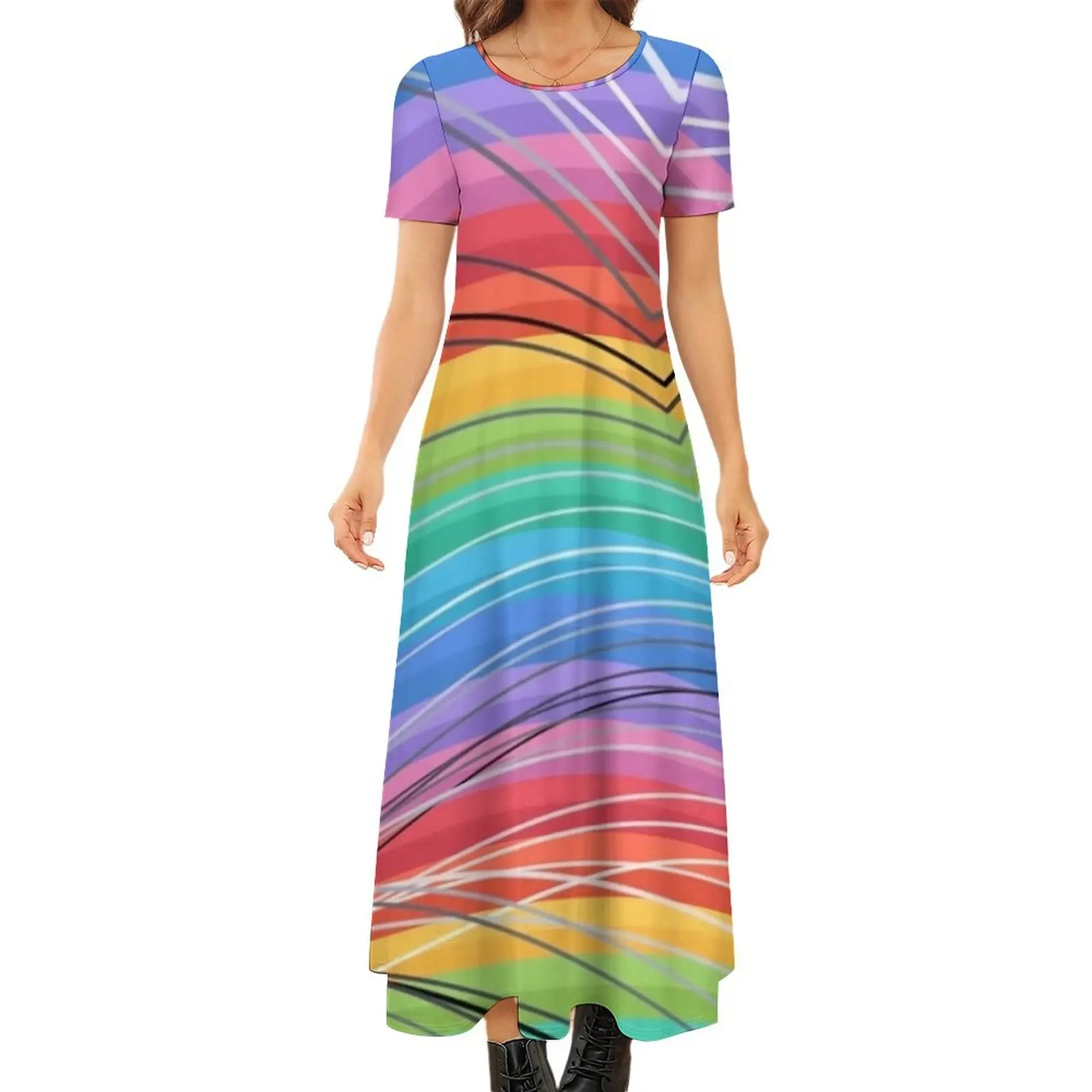

Geo Print Dress Rainbow Stripes Funny Bohemia Long Dresses Women Vintage Maxi Dress Gift
