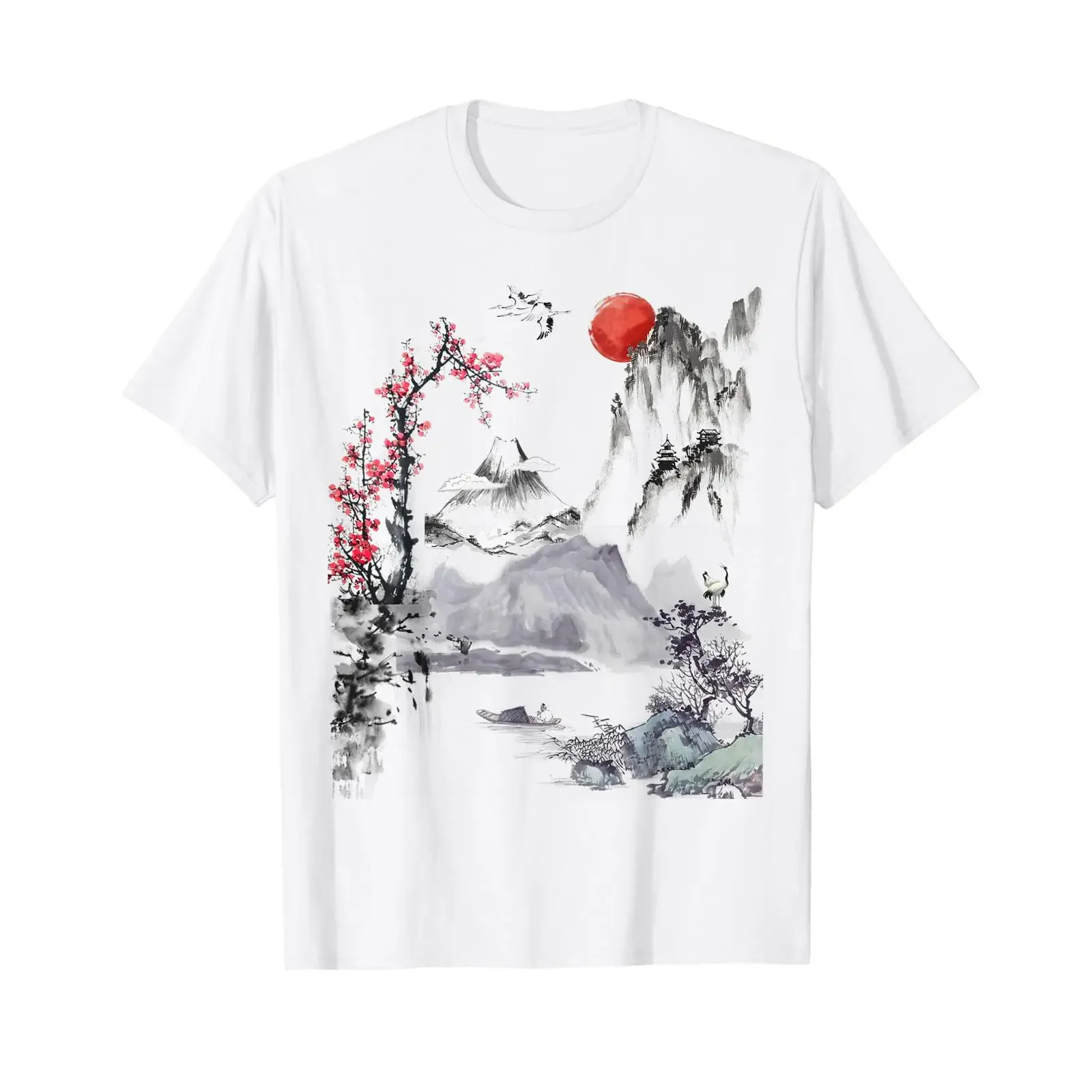 Japanese Artificial Tree Red Moon with Birds in Background T Shirt vintage Washed Stretched Top For Everyday Wear Casual