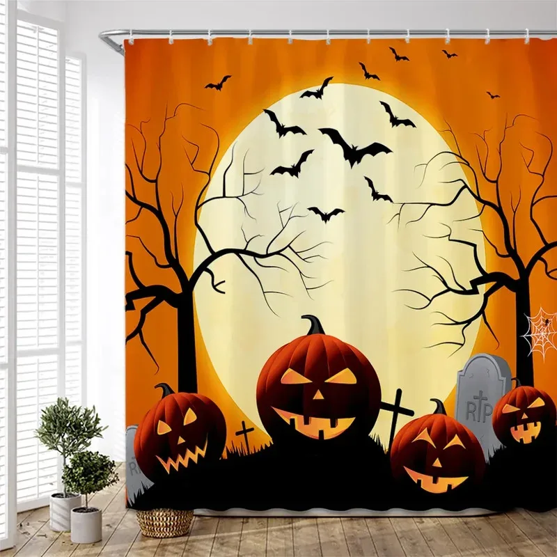 Halloween Shower Curtains Fabric Cartoon Wizard Pumpkin Bat Dark Castle Polyester Bath Curtain Bathroom