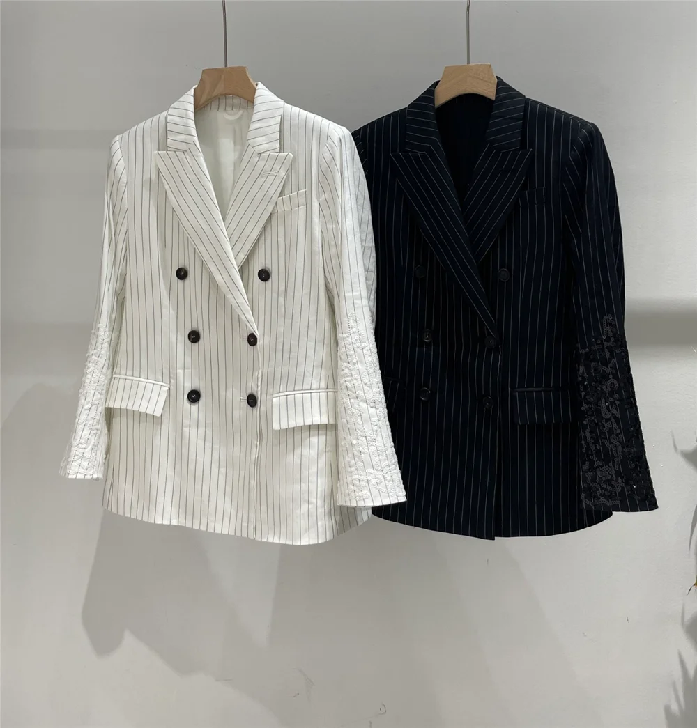 

Женский элегантный блейзер с вертикальными полосками, свободного кроя, с пайетками, модная верхняя одежда из хлопка и льна