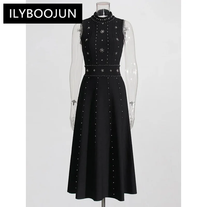 

ILYBOOJUN Solid Patchwork Diamonds Designer Dresses For Women Round Neck Sleeveless High Waist Slimming Dress Female Fashion