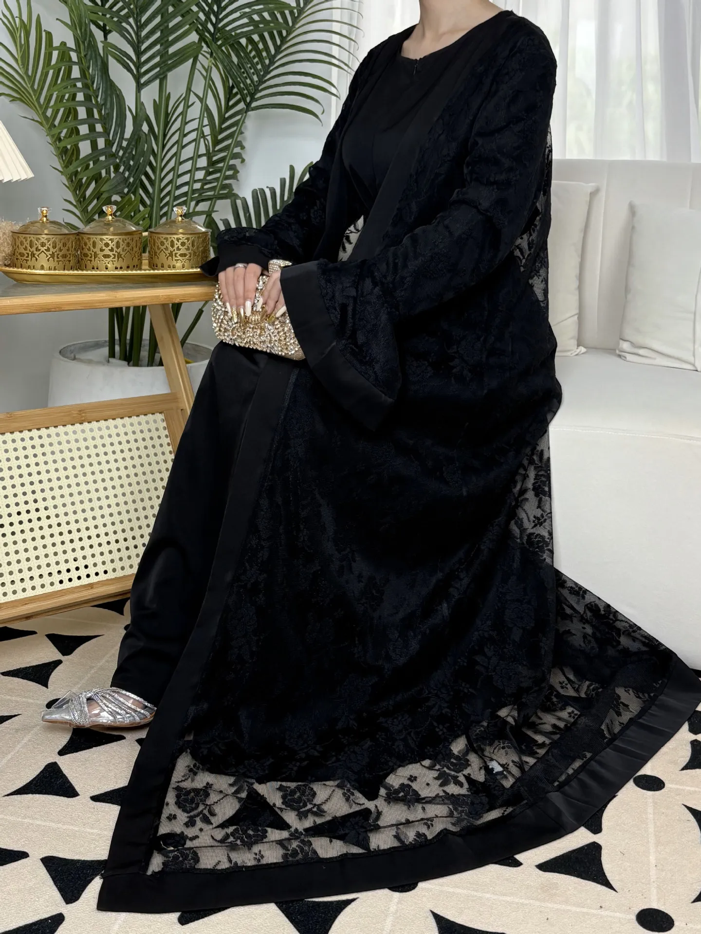 

Женские однотонные модные элегантные кружевные комплекты из 2 предметов с длинными рукавами до щиколотки Халаты Абая Женская одежда Мусульманская новая мода