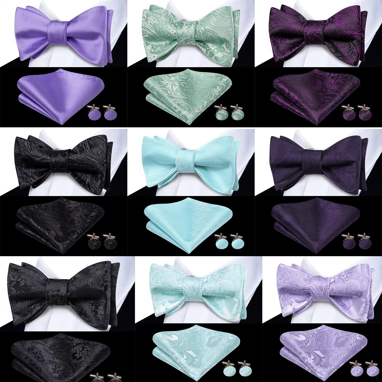 Hi-Tie Dunkelviolette Paisley Herren Fliege, Einstecktuch und Manschettenknöpfe Set – Türkis-Mint Selbstbindende Schmetterlingsfliege für Herren, Hochzeit und Business